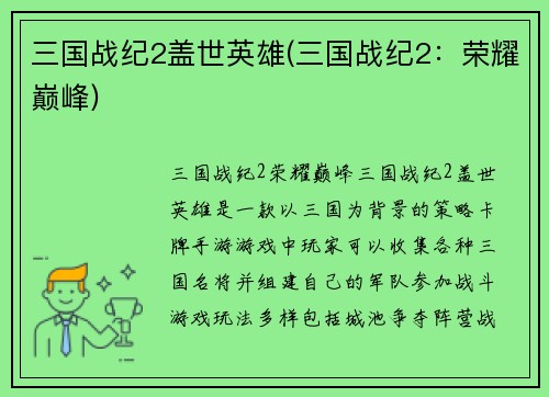 三国战纪2盖世英雄(三国战纪2：荣耀巅峰)